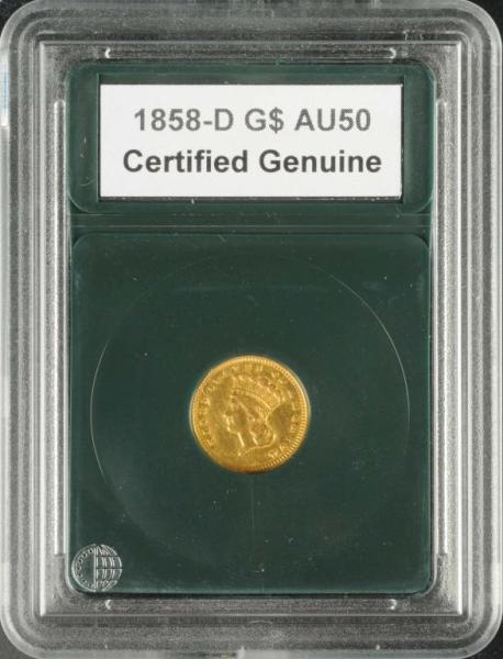 1858-D INDIAN HEAD GOLD $1 AU 50.                 