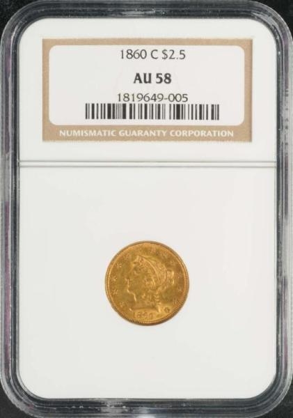 1860-C CORONET GOLD EAGLE $2 ½ AU 58.             