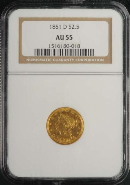 1851-D CORONET GOLD EAGLE $2 ½ AU 55.             