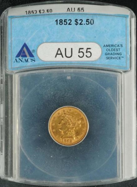 1852 CORONET GOLD EAGLE $2 ½ AU 55.               