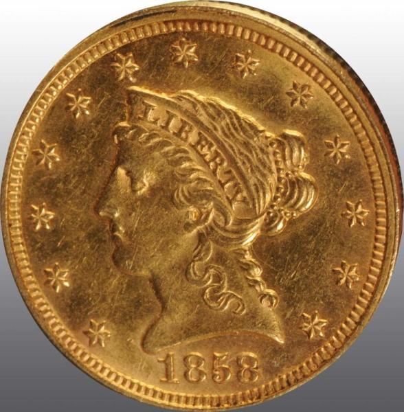 1858 CORONET GOLD EAGLE $2 ½ AU 53.               