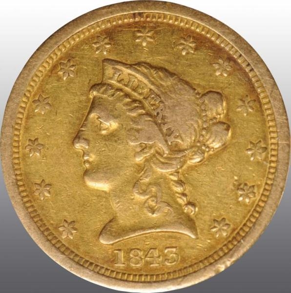 1843-O SMALL DATE CORONET GOLD EAGLE $2 ½ AU 53.  