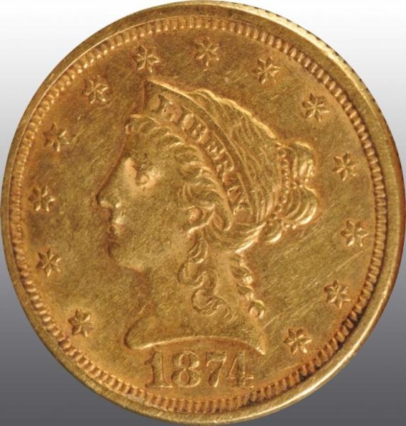1874 CORONET GOLD EAGLE $2 ½ AU 53.               