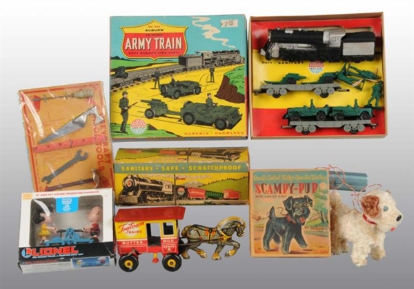 LOT OF 6: ASSORTED TOY & TRAIN PIECES.            