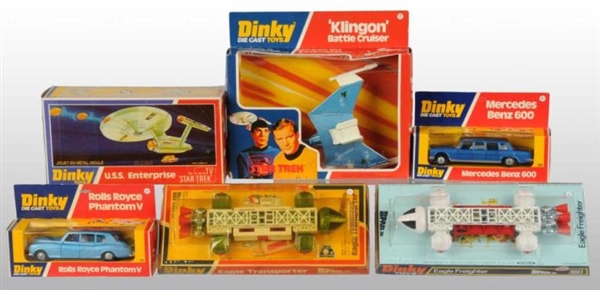 LOT OF 6: DINKY DIE-CAST SPACE & AUTOMOTIVE TOYS. 