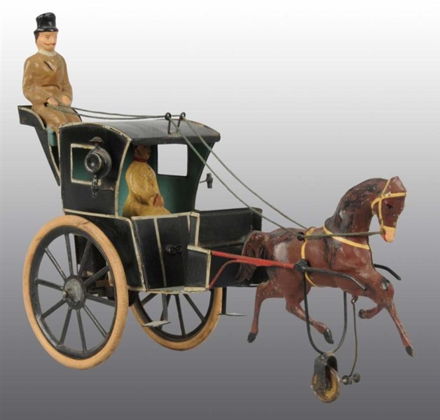 TIN HAND-PAINTED HORSE DRAWN HANSOM CAB TOY.      