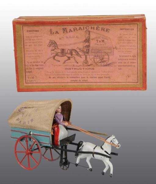 TIN HAND-PAINTED HORSE-DRAWN CART FLYWHEEL TOY.   