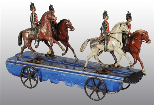 EARLY HAND-PAINTED TIN HORSE-DRAWN PLATFORM TOY.  