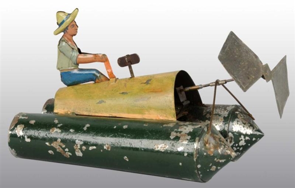 TIN HAND-PAINTED WATER BOAT WIND-UP TOY.          