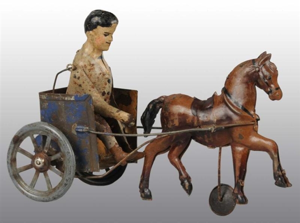 TIN HAND-PAINTED HORSE CART WIND-UP TOY.          
