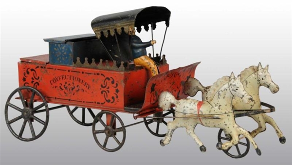 TIN HAND-PAINTED CONFECTIONARY HORSE-DRAWN TOY.   