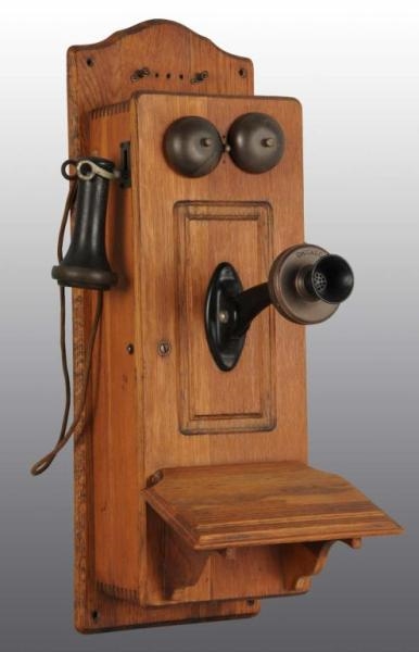 WOODEN WALL TELEPHONE & CRANK WITH BELLS.         