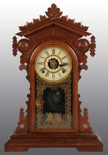 GINGERBREAD SHELF CLOCK WITH REVERSE PAINTED GLASS