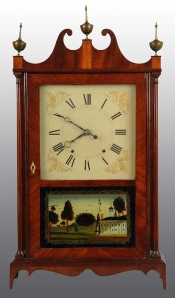 SHELF CLOCK WITH REVERSE PAINTED HOUSE & BOAT.    