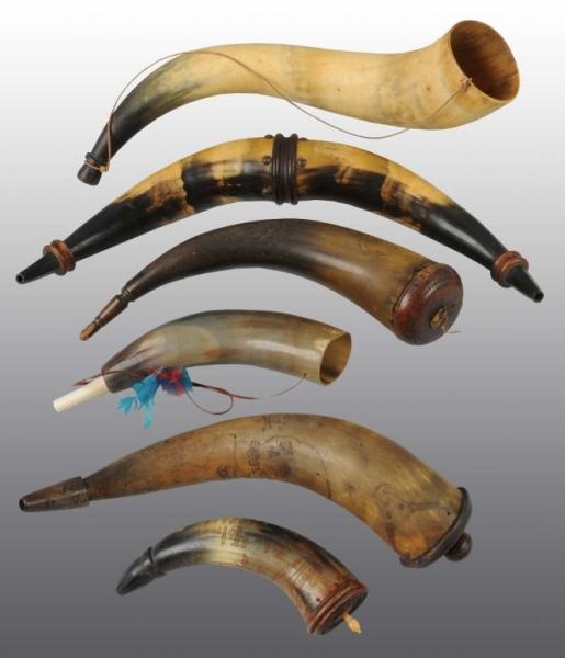 LOT OF 6: MISCELLANEOUS POWDER HORNS.             