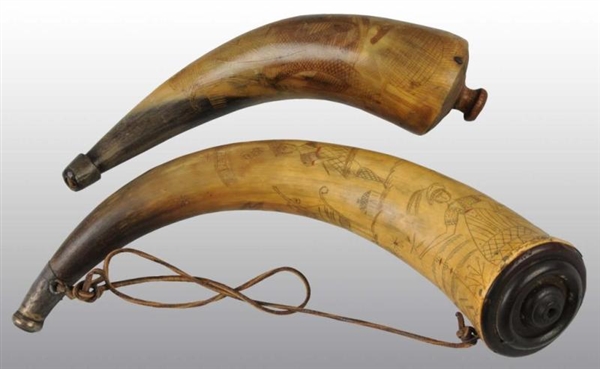 LOT OF 2: PERIOD ENGRAVED POWDER HORNS.           