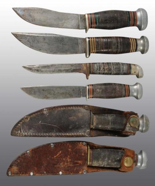 LOT OF 6: HUNTING KNIVES WITH 2 LEATHER SHEATHS.  