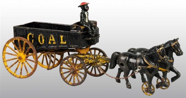 CAST IRON DENT TIPPING HORSE-DRAWN COAL WAGON TOY.