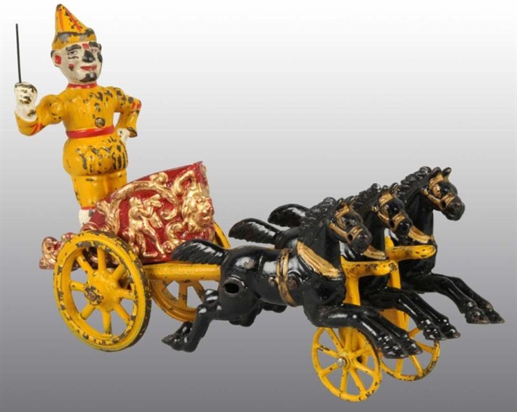 CAST IRON HUBLEY 3-HORSE CLOWN CHARIOT TOY.       