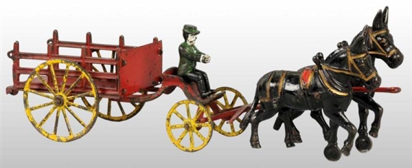 CAST IRON WILKINS 2 MULE-DRAWN STAKE BED TRUCK TOY