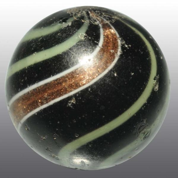 BLACK OPAQUE LUTZ MARBLE WITH GREEN LINES.        