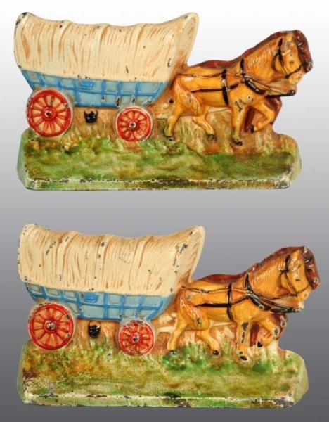 COVERED WAGON WITH TEAM OF HORSES BOOKENDS.       