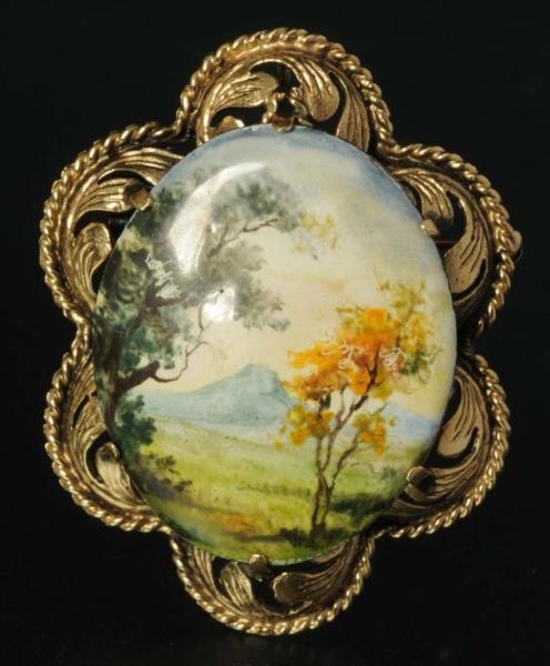 ANTIQUE JEWELRY 14K GOLD PORCELAIN PIN.           