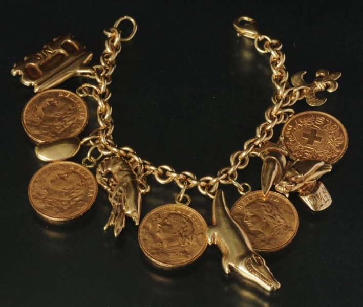 ANTIQUE JEWELRY GOLD CHARM BRACELET WITH COINS.   