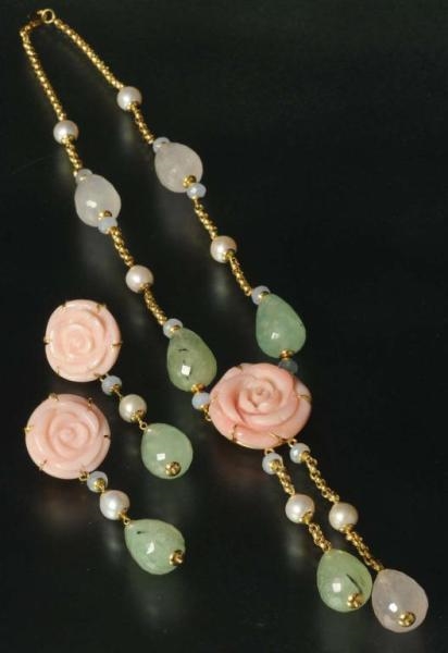 PINK CORAL & JADE NECKLACE WITH EARRINGS.         