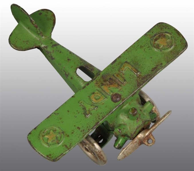 CAST IRON GREEN HUBLEY LINDY STAR AIRPLANE TOY.   