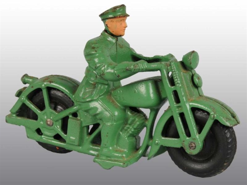 CAST IRON GREEN HUBLEY PATROL MOTORCYCLE TOY.     