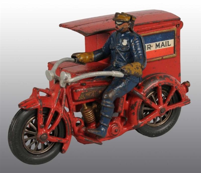 CAST IRON HUBLEY US AIR MAIL MOTORCYCLE TOY.      