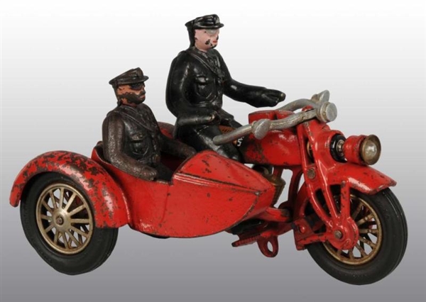 CAST IRON HUBLEY MOTORCYCLE TOY WITH SIDECAR.     