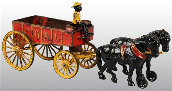 CAST IRON HUBLEY TWO HORSE-DRAWN COAL WAGON TOY.  