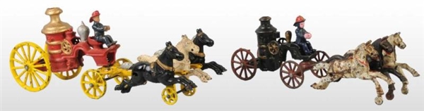 LOT OF 2: CAST IRON HORSE-DRAWN FIRE PUMPER TOYS. 