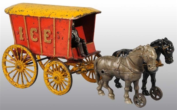CAST IRON HUBLEY TWO HORSE-DRAWN ICE WAGON TOY.   