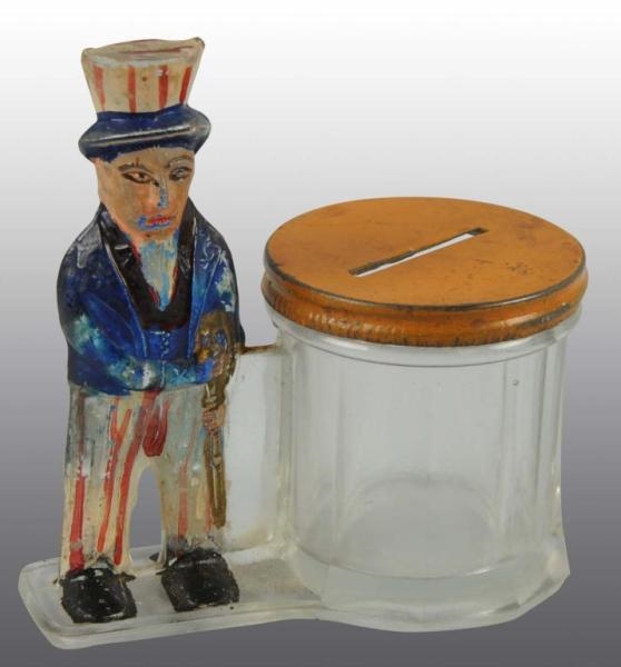 GLASS UNCLE SAM CANDY CONTAINER BANK.             