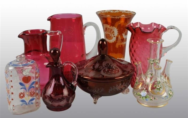 LOT OF 8: CRANBERRY GLASS & HAND-PAINTED GLASS.   
