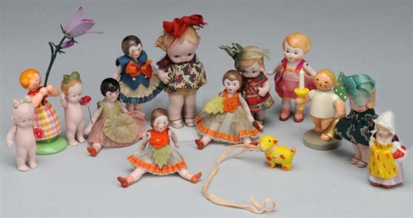 LOT OF 15: ALL-BISQUE & WOODEN DOLLS.             
