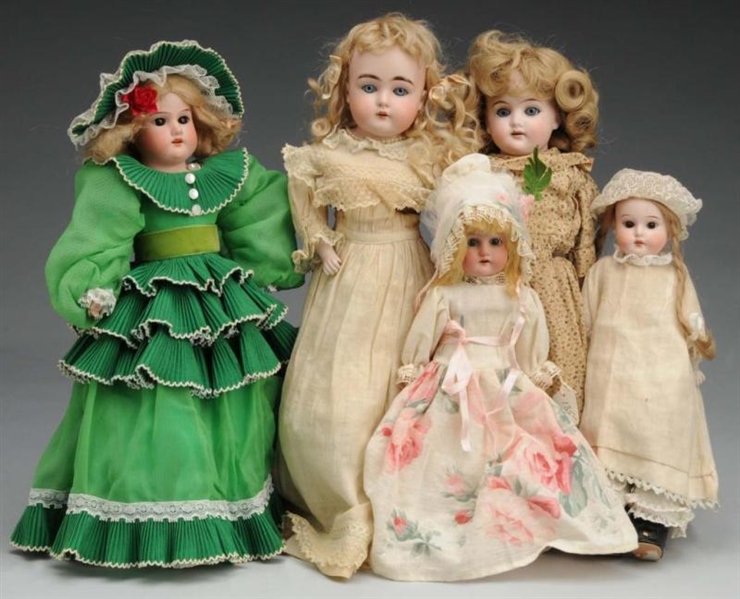 LOT OF 5: GERMAN BISQUE DOLLS.                    