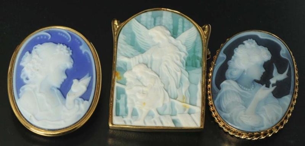 LOT OF 3: ANTIQUE 14K GOLD CAMEO PINS.            