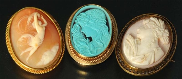 LOT OF 3: ANTIQUE GOLD CAMEO PINS.                