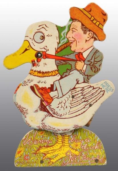 PAPER LITHO JOE PENNER RIDING DUCK SQUEAK TOY.    