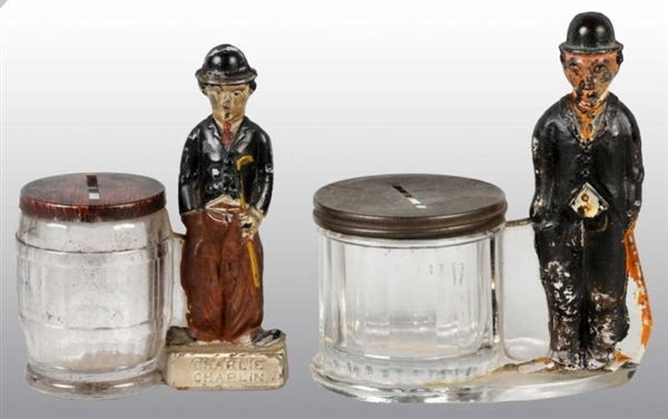 LOT OF 2: GLASS CHARLIE CHAPLIN CANDY CONTAINERS. 