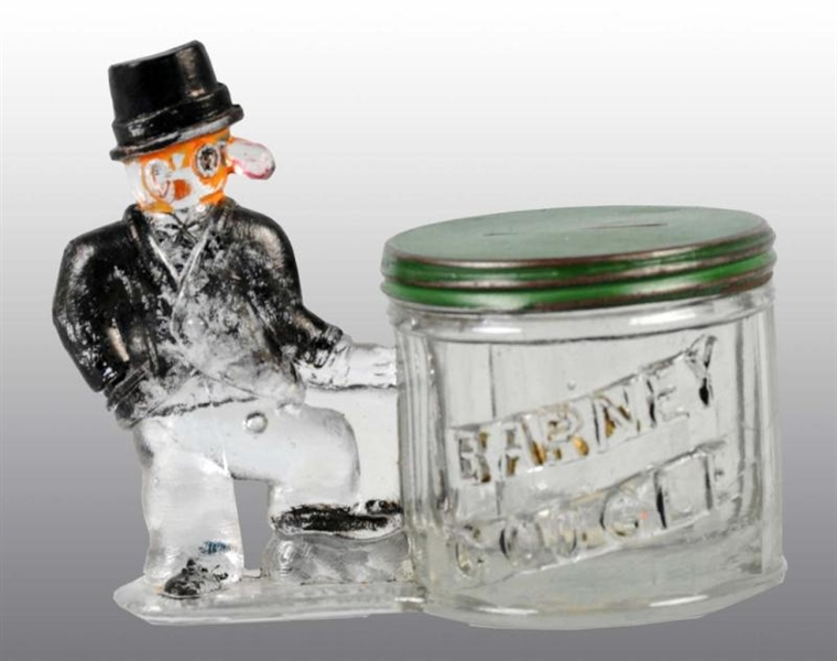 GLASS BARNEY GOOGLE CANDY CONTAINER STILL BANK.   