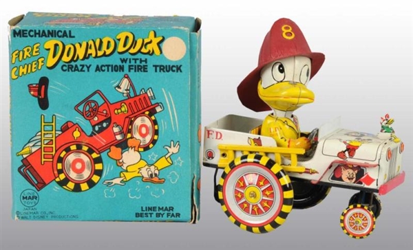 LINEMAR DONALD DUCK FIRE CHIEF CAR IN ORIG BOX.   