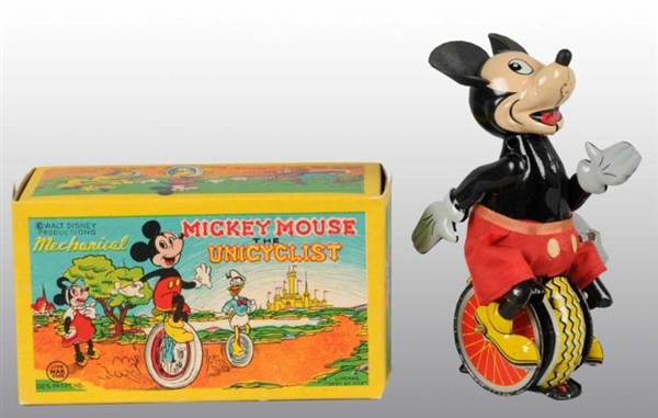 LINEMAR MICKEY MOUSE UNICYCLIST TOY IN ORIG BOX.  