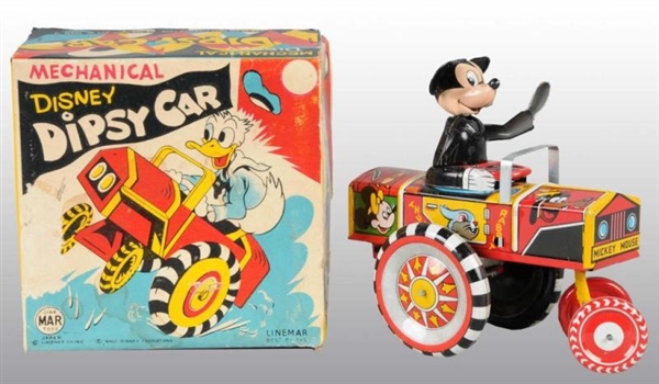 LINEMAR MICKEY MOUSE DIPSY CAR TOY IN ORIG BOX.   