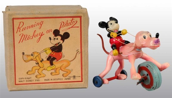 RUNNING MICKEY ON PLUTO WIND-UP TOY IN ORIG BOX.  
