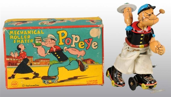 LINEMAR POPEYE ROLLER SKATING TOY IN ORIG BOX.    